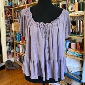 Free People Purple Ruffle Button-Up Blouse